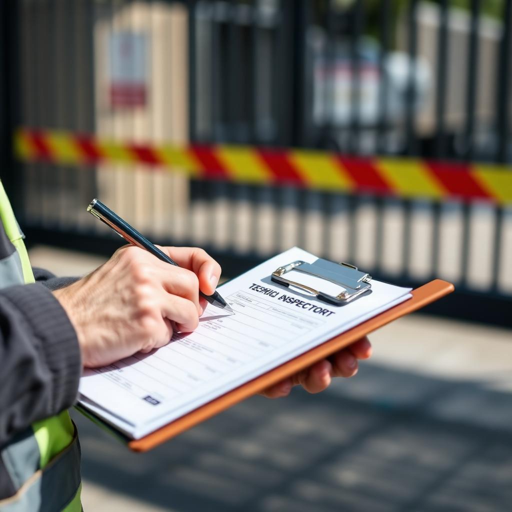 Tecnico compila il rapporto di verifica su un cancello motorizzato